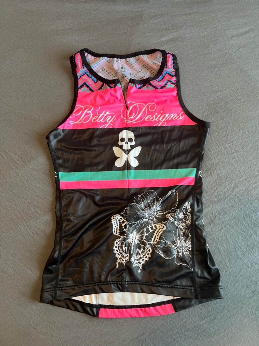 Betty Designs Women's Black Sleeveless Cycling Jersey with Pink & Teal Accents